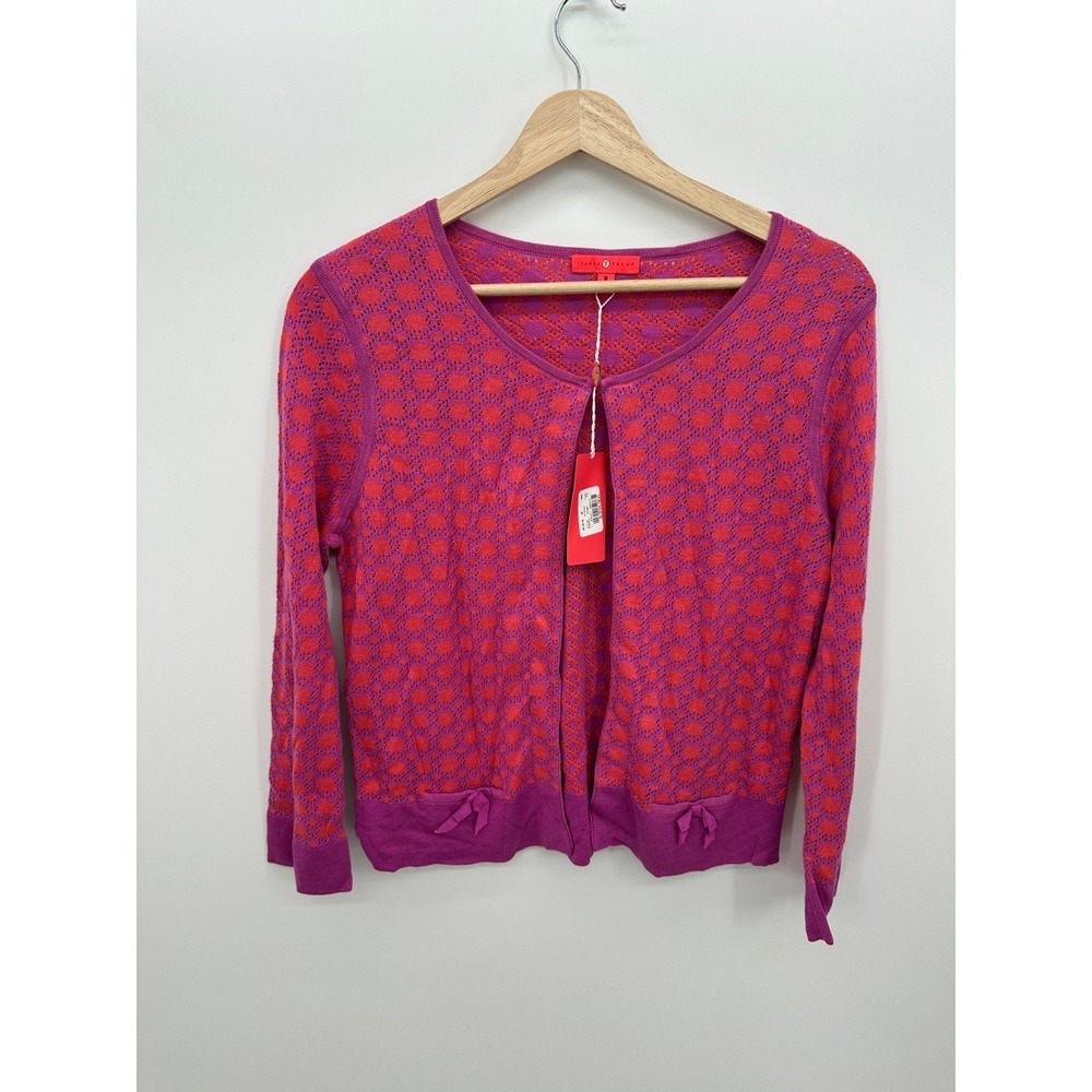 Ivanka Trump Pink Purple Pointelle‎ Cardigan Sweater Bow Detail Sz M Preppy